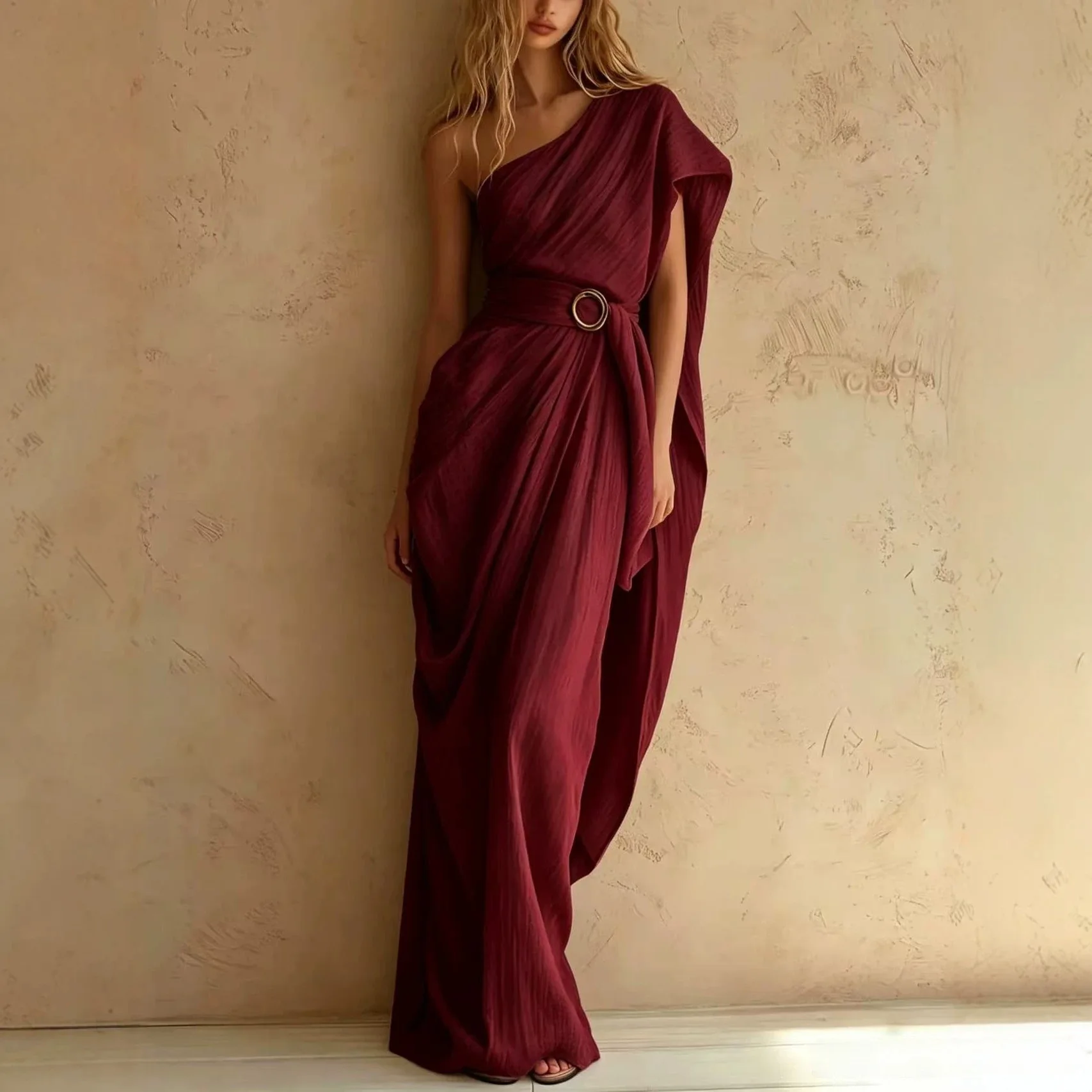 Women's One Shoulder Draped Maxi Dress Loose Fit Flowy Silhouette Versatile Trendy Casual Commute Office Street Daily Wear Dress