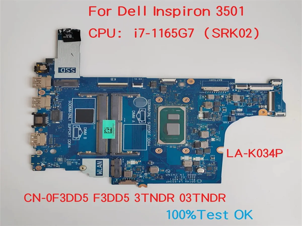 CN-03TNDR 03TNDR 3TNDR LA-K034P For Dell Inspiron 15 3501 Laptop Motherboard CPU Intel I7-1165G7 SRK02 100% Test OK