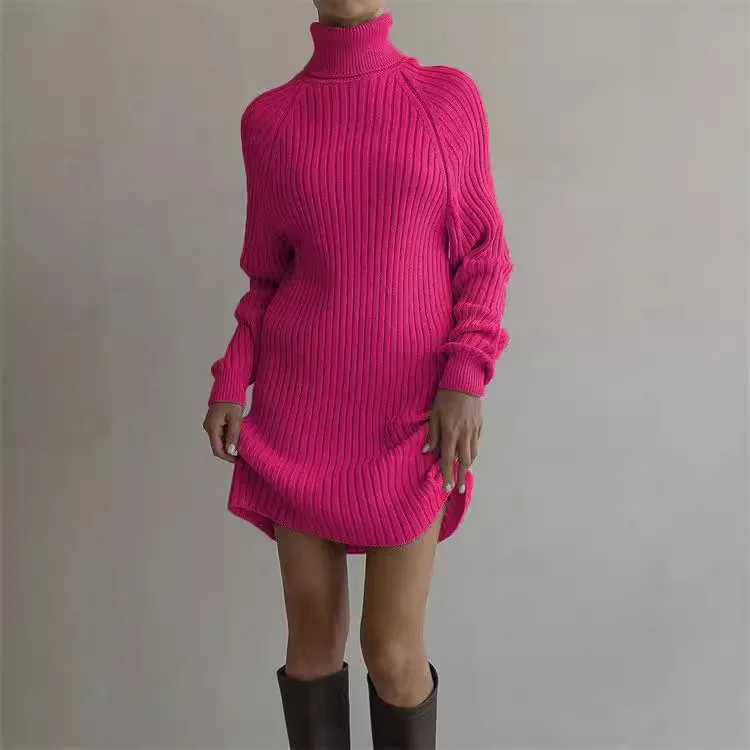 New Autumn/Winter Knitted Long Sleeved High Neck Woolen For Women Casual Loose Thick Pit Stripe Solid Color Hip Hugging