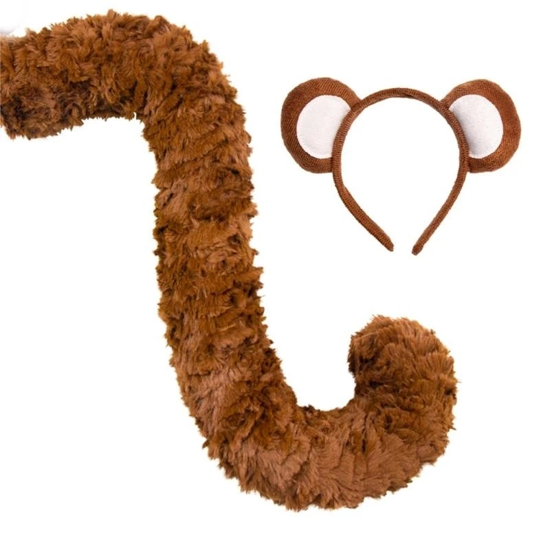 

652F Monkey Costumes Set Animal Ears and Tail Set Monkey Fancy Dress Accessories Plush Ears Headband Halloween Cosplay Props