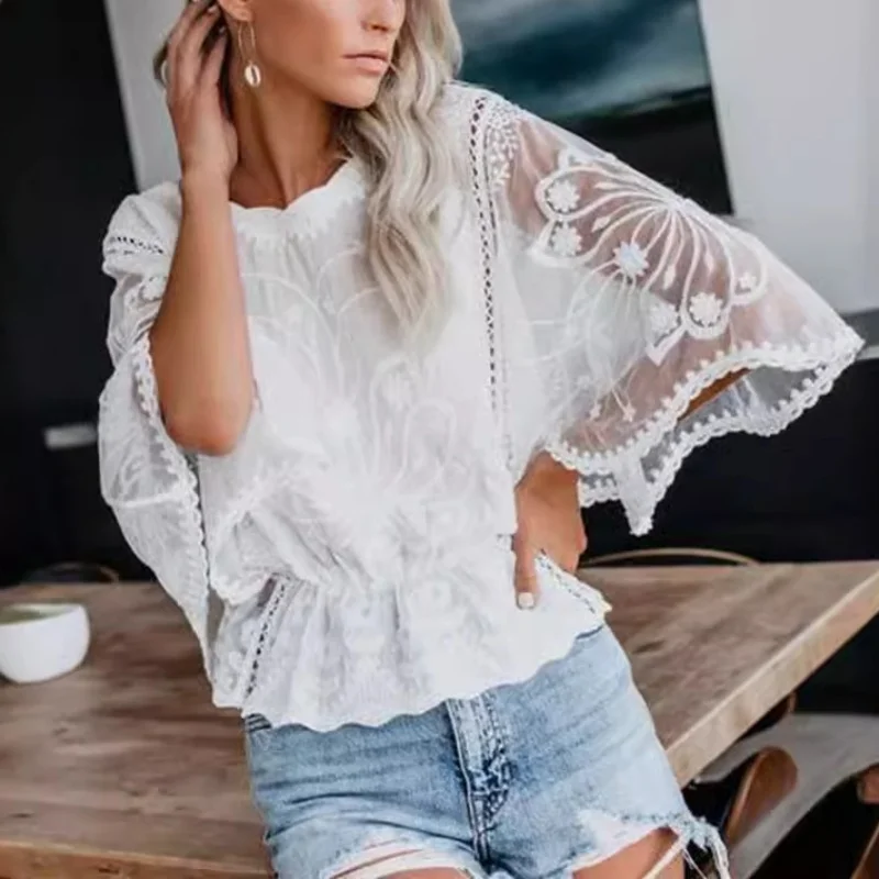 Batwing Sleeve Lace Women Blouses Flower Embroidery Hollow Out Shirts Casual Loose 2024 Fashion Elegant Tops Autumn Clothing