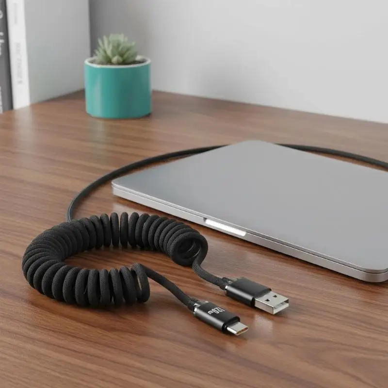 120W Car Type C To USB C Fast Charging For Phone USB A To Type C Spring Telescopic Cable For Car Travel Office Use