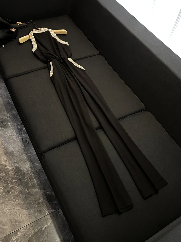 

Faionable Chiffon One-Piece Pantsuit with Heavy Beads Svel High Waist Autumn Women's Clothing Fake Two-Piece Set