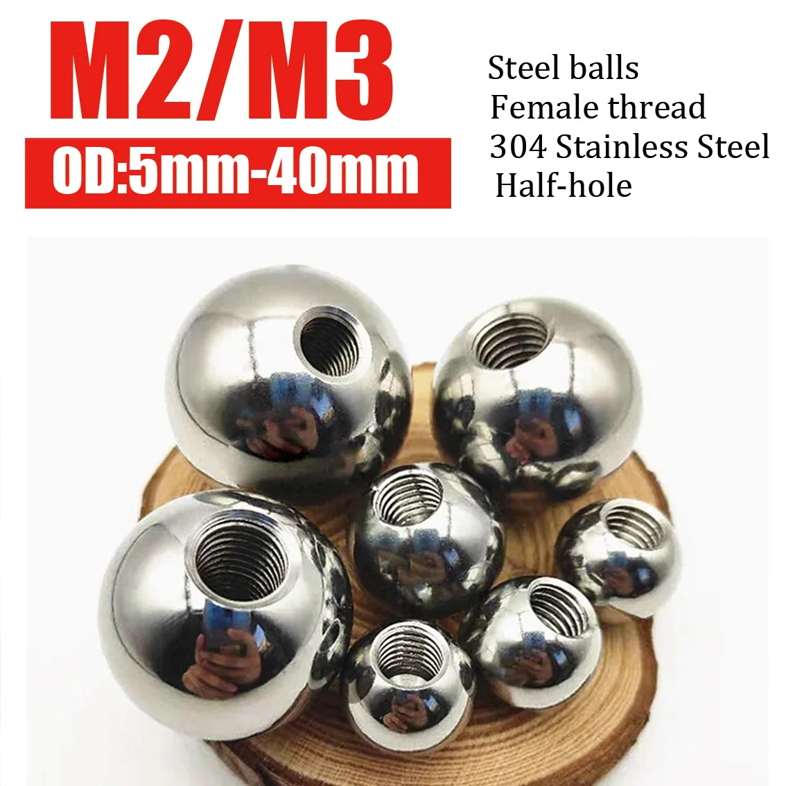 1/2Pcs Solid Half Hole Stainless Steel Ball, Metric M2 M3 thread Internal Hole，Ball for DIY, Smooth Ball Beads, OD 5/6/7mm-40mm