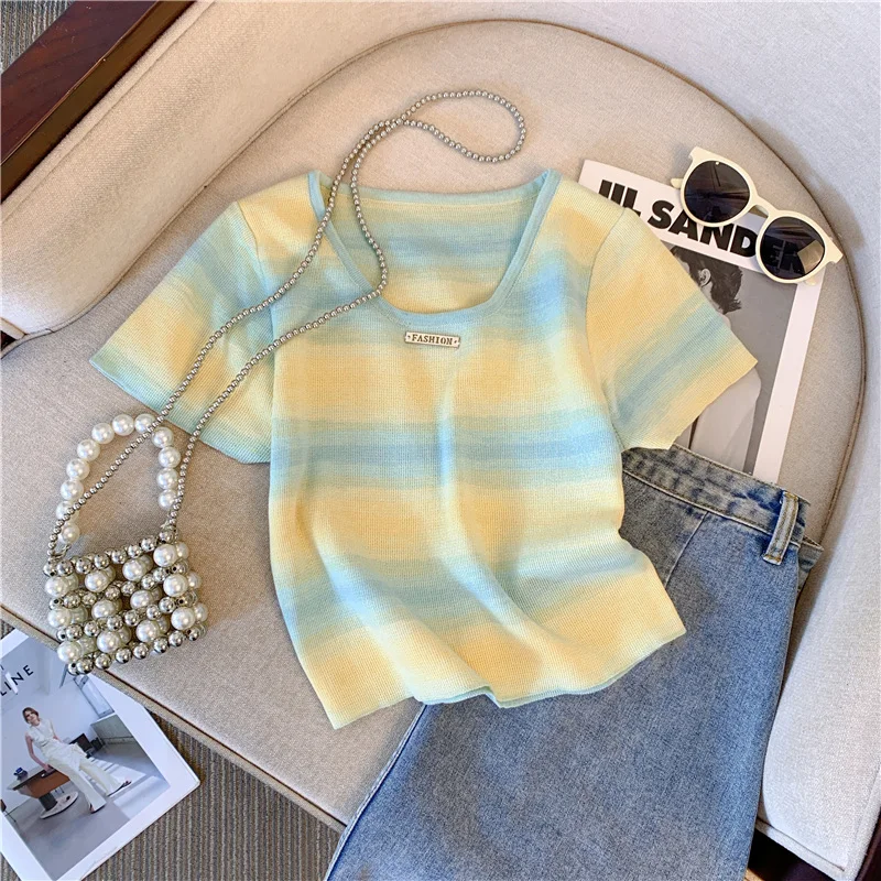 Contrast Striped T-shirt For Women\'s Summer Knitted Short Sleeved Tee  Cool Girls Fashion High Street Square Collar Short Top