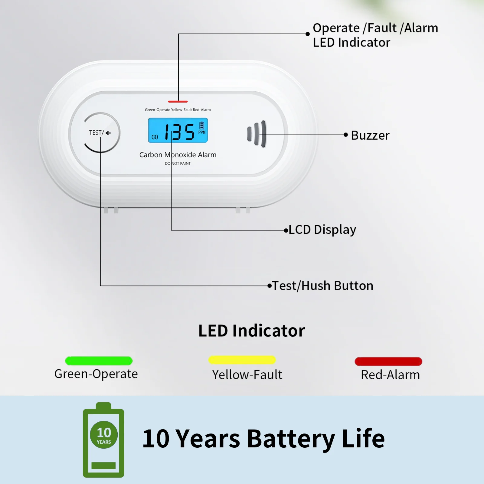 Alarme de monoxyde de carbone V-COME avec écran LCD numérique et bouton de test, détecteur de CO avec batterie d'autonomie de 10 ans, EN 50291, VC21
