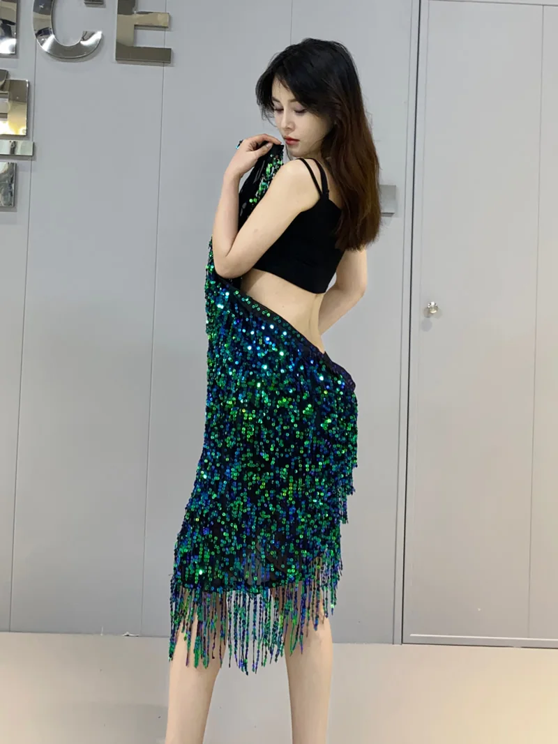 Traje de danza del vientre personalizado para mujer, cadena de cintura, bufanda de cadera, falda envuelta, falda con borla de lentejuelas, disfraz de actuación de práctica