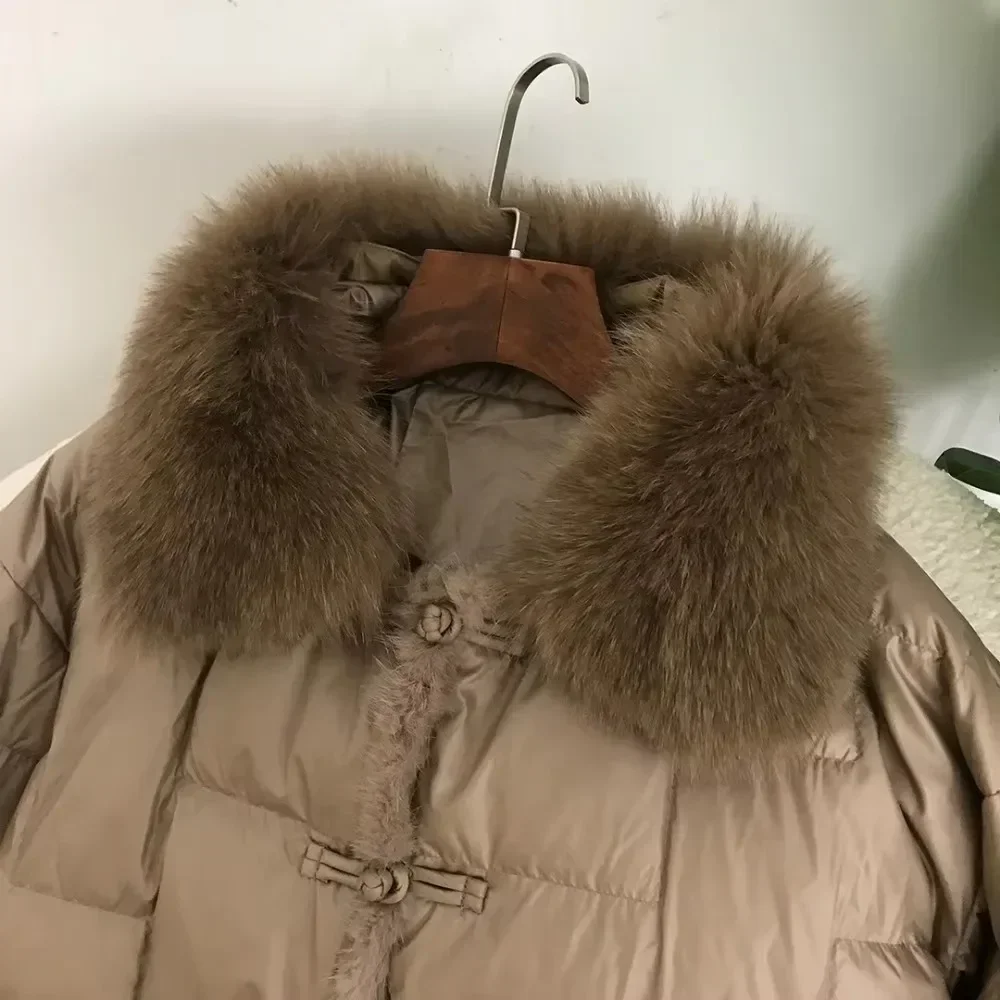 2024 Real Fox Mink Fur Collarผู้หญิงฤดูหนาวเป็ดสีขาวลงเสื้อแจ็คเก็ตสุภาพสตรีVINTAGEสั้นWARM PUFFER CoatหญิงParka Outerwear