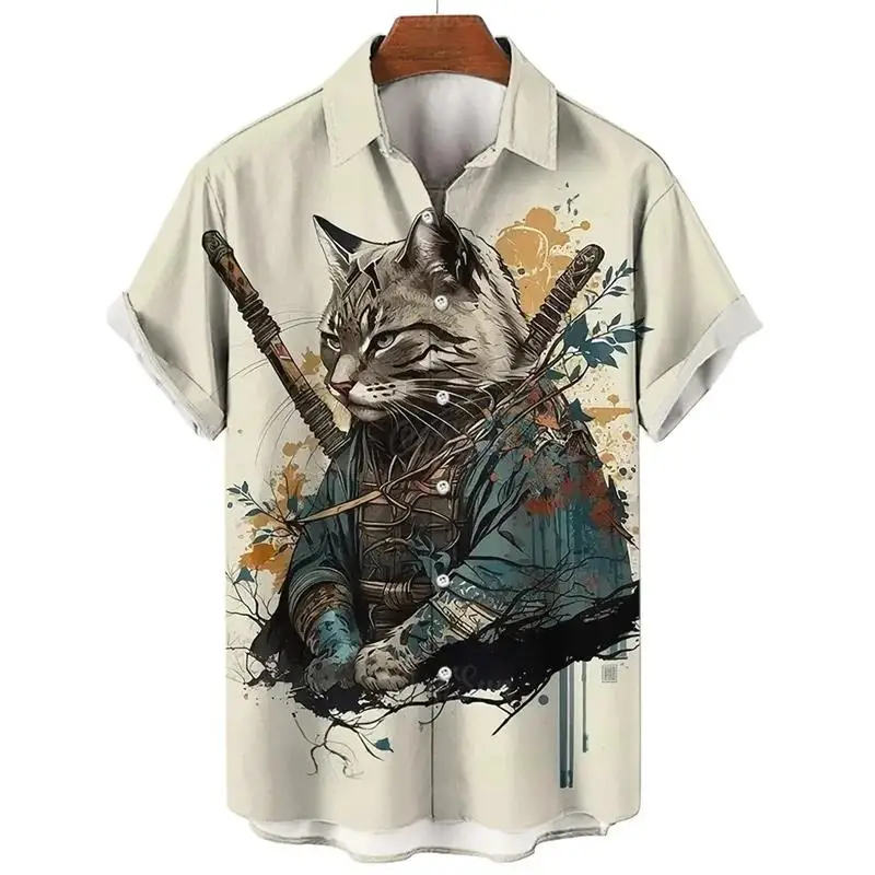 Fashion Men\'s hawaiian shirts 3D Print Japanese Camurai Cat Casual For Men summer short sleeve tee tops Aloha