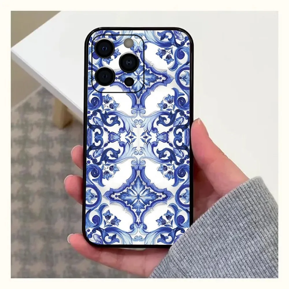 Azulejo Case ceramic glazed tile Phone Case For Apple iPhone 15,14,13,12,11,Pro,X,XS,Max,XR,Plus,Mini Soft Black Cover