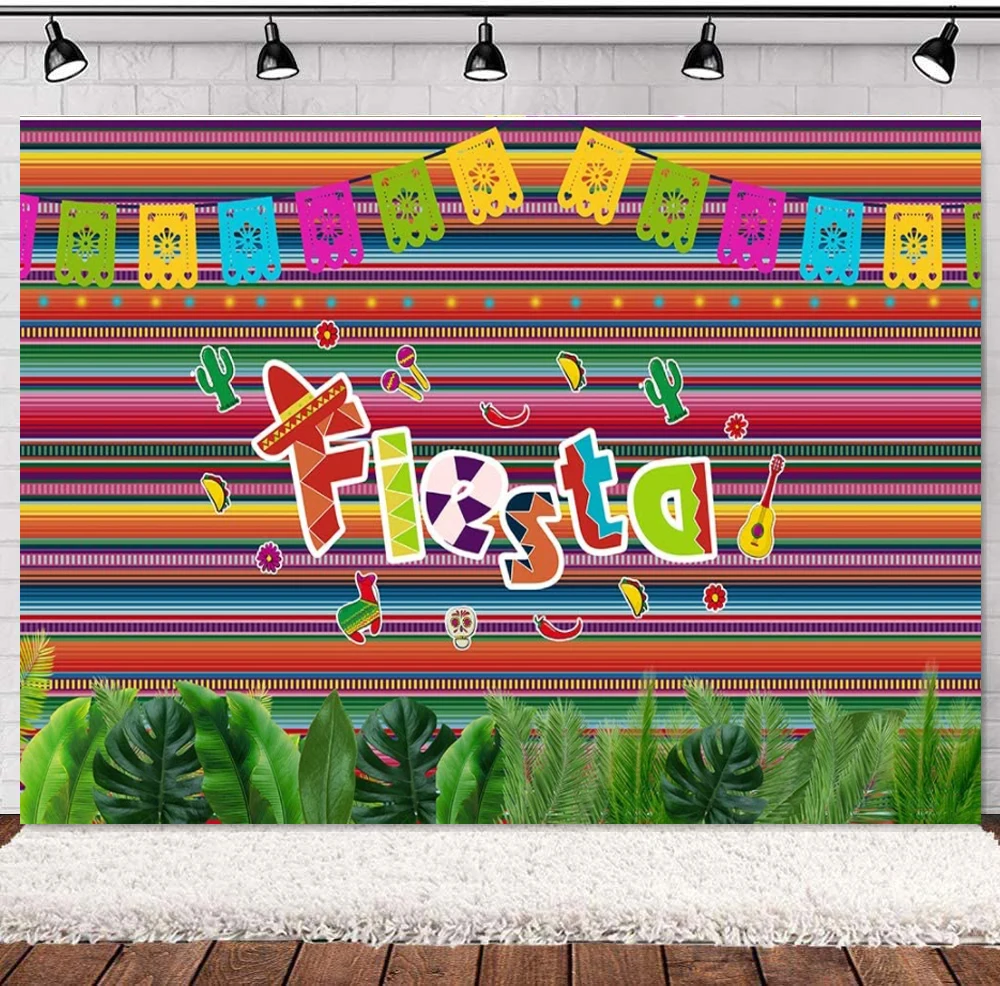 Summer Mexican Fiesta Theme Photography Backdrop Carnival Tropical Plant Leaves Striped Background Birthday Party Supplies