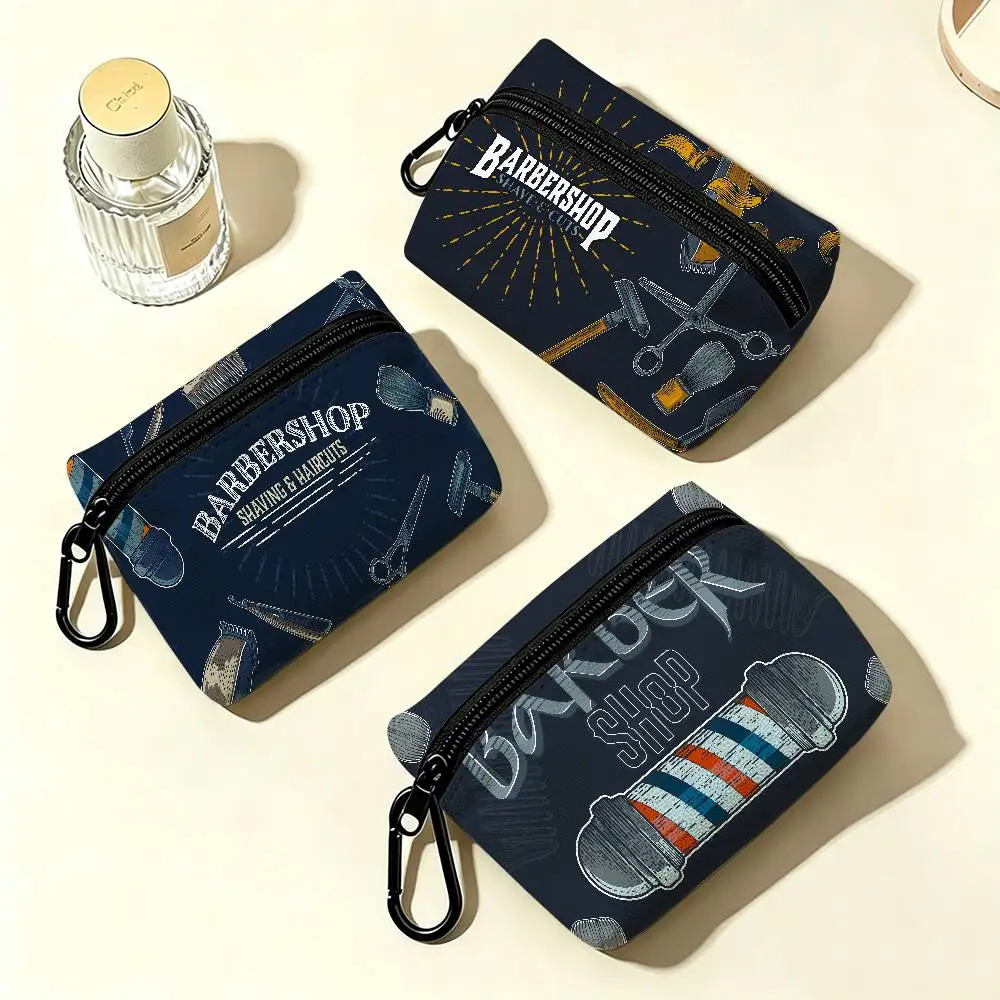 Barber Shop Portable Oxford Fabric Mini Wallet Carabiner Design Small Coin Bag For Cards Keys Earphones