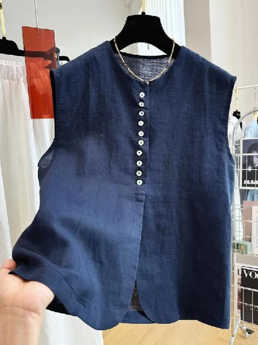 خفيفة الوزن ومريحة الكتان تانك الأعلى جولة Ne زر واحد عارضة Svel irt خمر التخسيس ليوسيل الكتان سترة