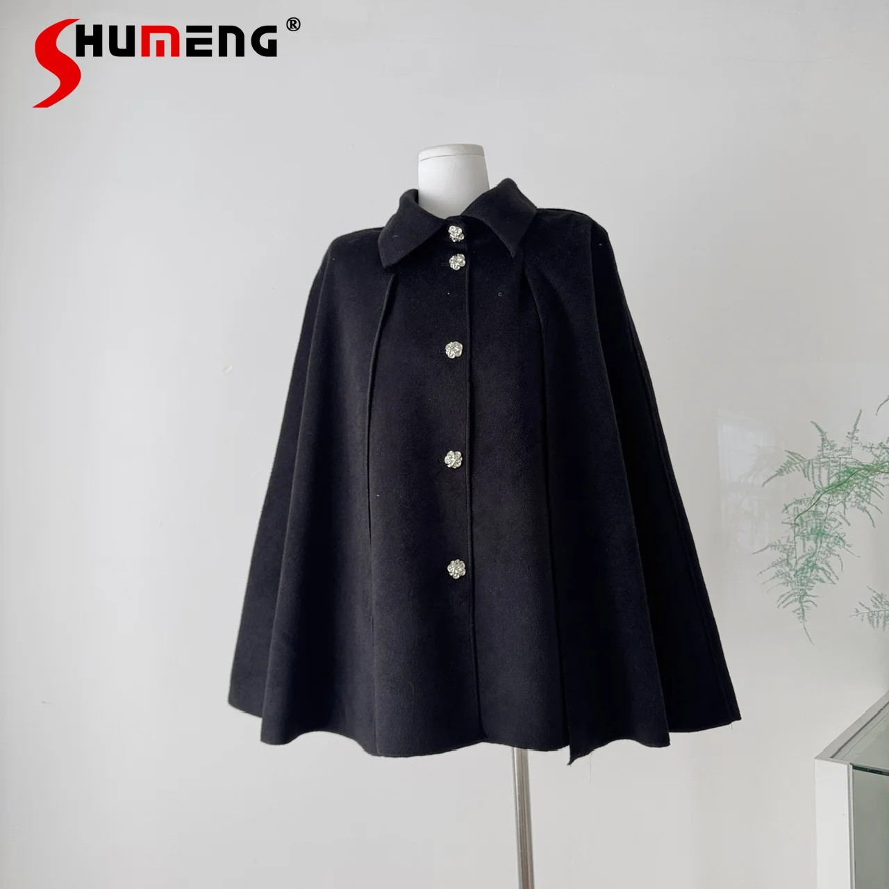 

Original Black Elegant Single-Breasted Woolen Capes Shawl Autumn Winter New Women's Loose Slim Turn-Down Collar Short Jacket