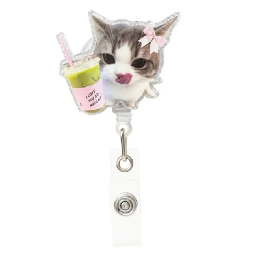 

Cute Cat Matcha Badge Reel Retractable for Nurse Nursing RN CNA LPN Funny Cat Meme ID Badge Holder with Alligator Clip and 24"