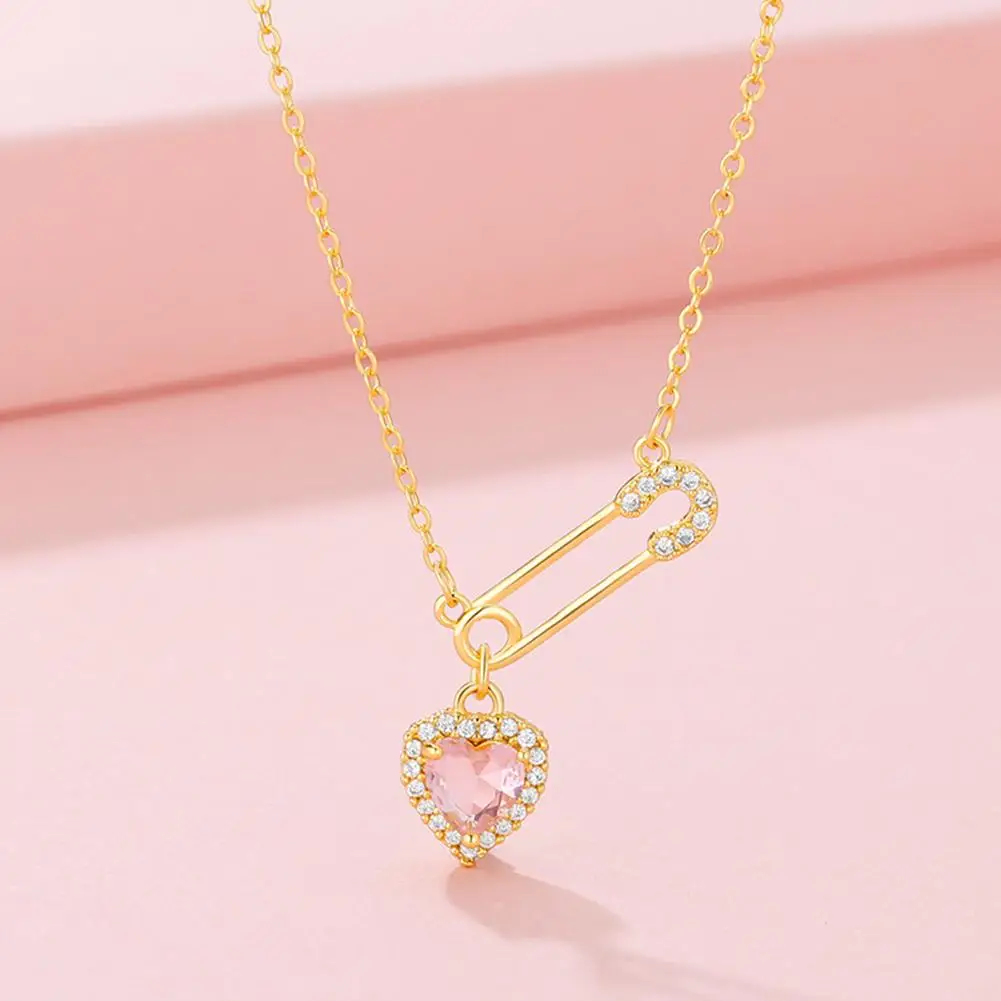 Safety Pin Necklace With Heart Charm Pink Crystal Hearts Pendant Paperclip Necklace For Woman Unique CZ Luxurious Jewelry Gift image 4