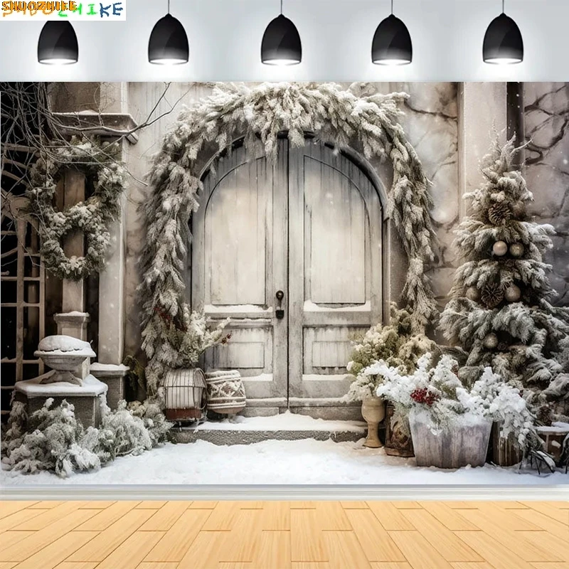 

Christmas Day Wreath Photography Backdrops Family Arch Holiday Doors Composite Digital Photo Studio Background SJ-02