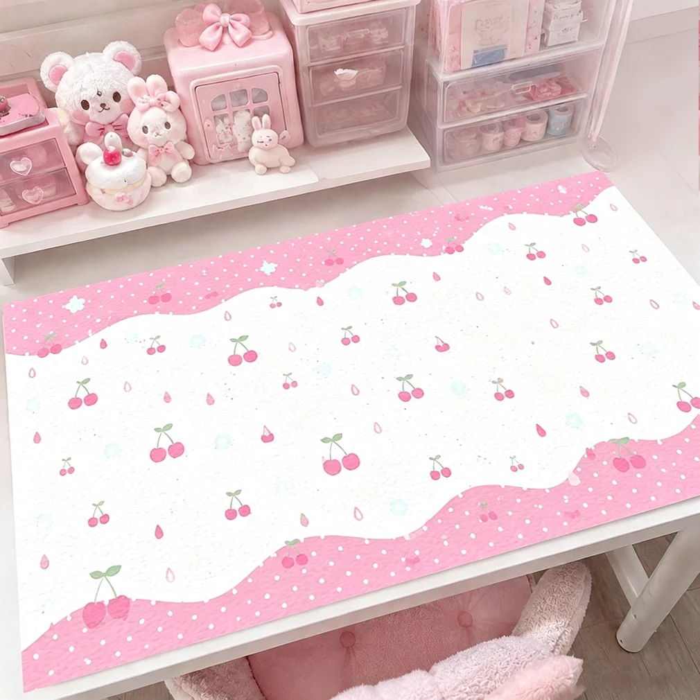 Polka Dots Rain Drop Cherry Pink Leather Desk Pad Protector Mouse Pad Office Desk Mat Waterproof Non-Slip PU Desk Blotter Pad