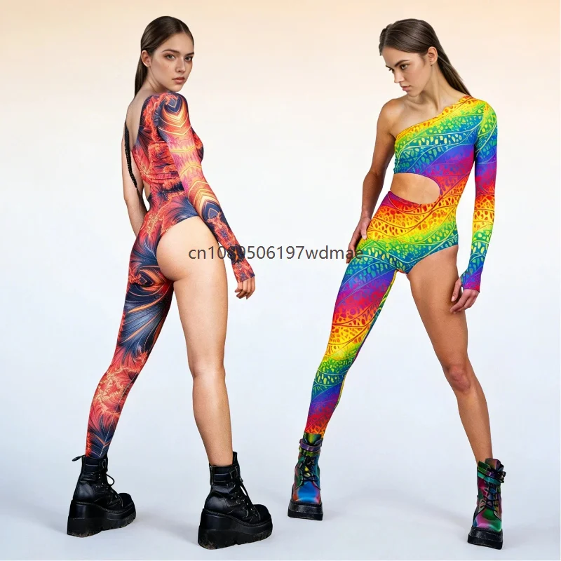 

Women's Music Festival One Shoulder Cutout Jumpsuit Tie Dye Rainbow Print Abstract Flower Rave Yoga Fitness Party Cosplay Outfit