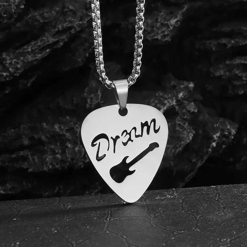 Stainless Steel Guitar Pick Pendant Engraved Letters 