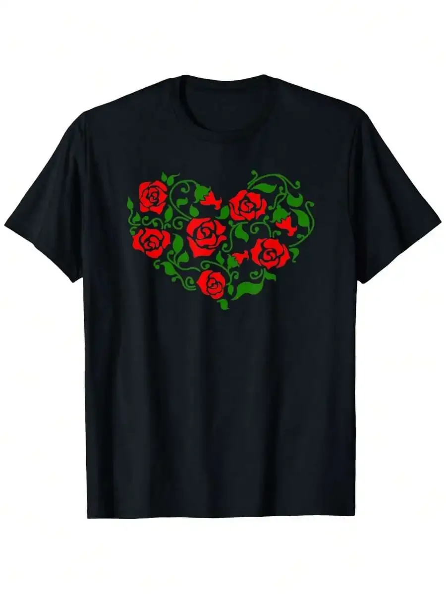 Romantic T-Shirt With A Heart-Shaped Rose Vine Wreath, Exquisite Print Men'S Short-Sleeve Round Neck T-Shirt - Exclusive Print S