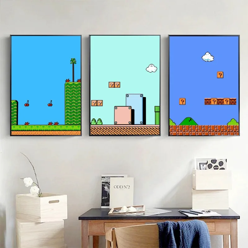 الرجعية الكلاسيكية لعبة بكسل المشارك الحنين الألعاب سباك M-ماريو خريطة حائط لوح رسم صورة فنية لغرفة اللاعب ديكور المنزل