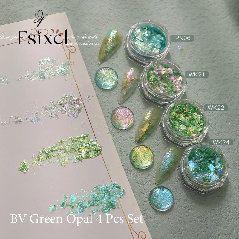 

FSIXCL 2023 4 Pcs Set Green Opal Powder Nail Glitter Irregular Flakes Pigment Dust for Nail Art Decoration Manicure Design DIY