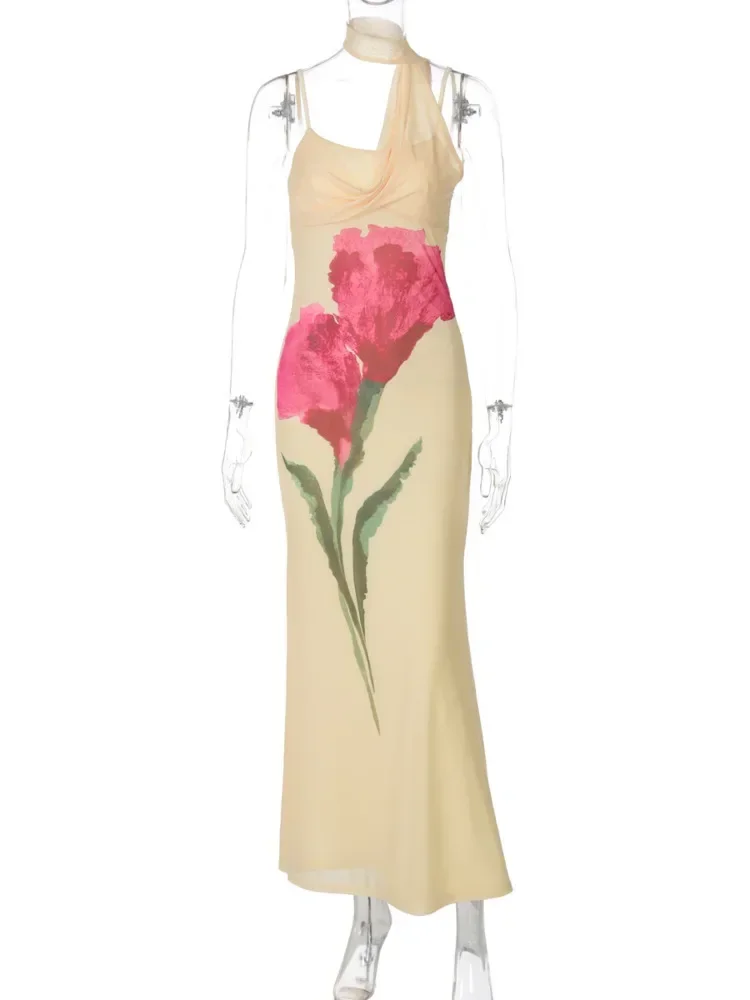 Bloemenprint halter sexy maxi-jurk voor dames, off-shoulder strapless mouwloze rugloze elegante lange jurk