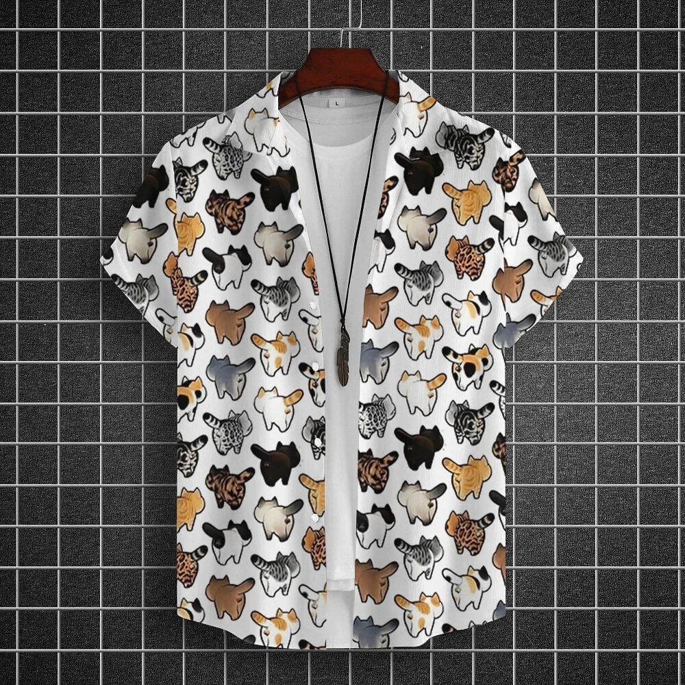 

Men's Shirts For Men Cute Cat Print Tops Casual Men's Clothing Summer Animal Short Sleeved Tops Summer Beach Short Sleeve Shirt