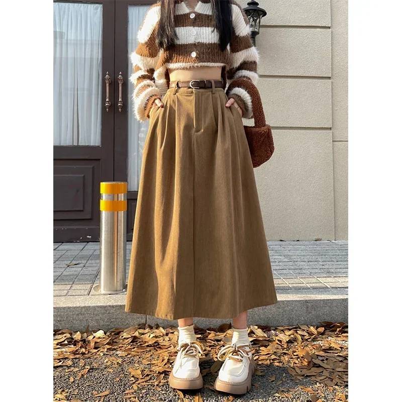 

Осень-зима, винтажная вельветовая длинная юбка миди с поясом, женские плиссированные юбки трапециевидной формы с высокой талией, уличная повседневная универсальная юбка