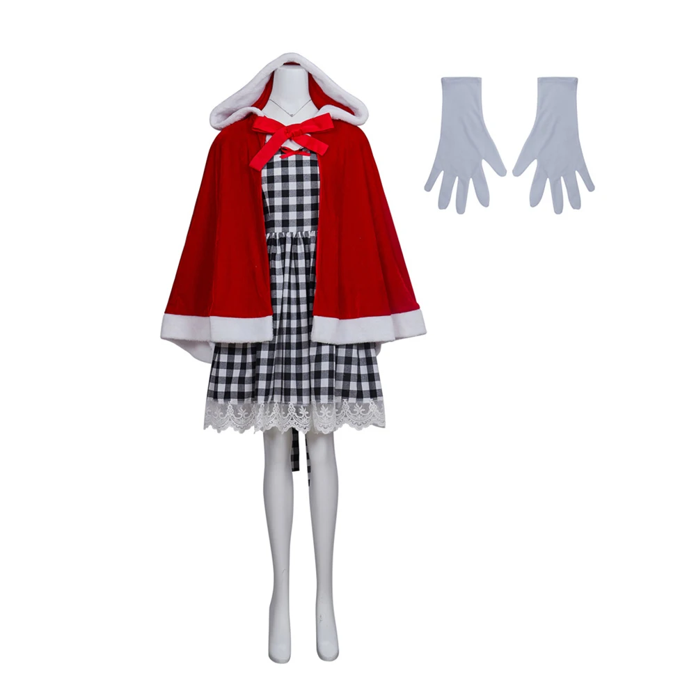 

Movie Cosplay Cindy Plaid Strappy Dress with Red Hooded Cloak Women Halloween Carnival Christmas Costume