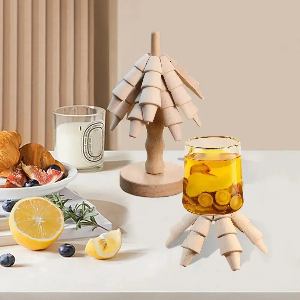 

Creative Wooden Tree Coasters Wood Foldable Tree Shaped Trivet Set Decorative Anti-Scald Insulation Mat Home Decoration