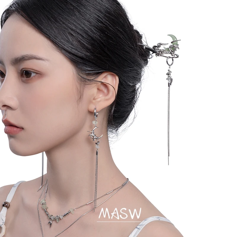 MASW Original Design Cool Trend Metal Pin Moon Long Chain Dangle Hairclip Head Accessories For Women 2023 Trend New Style