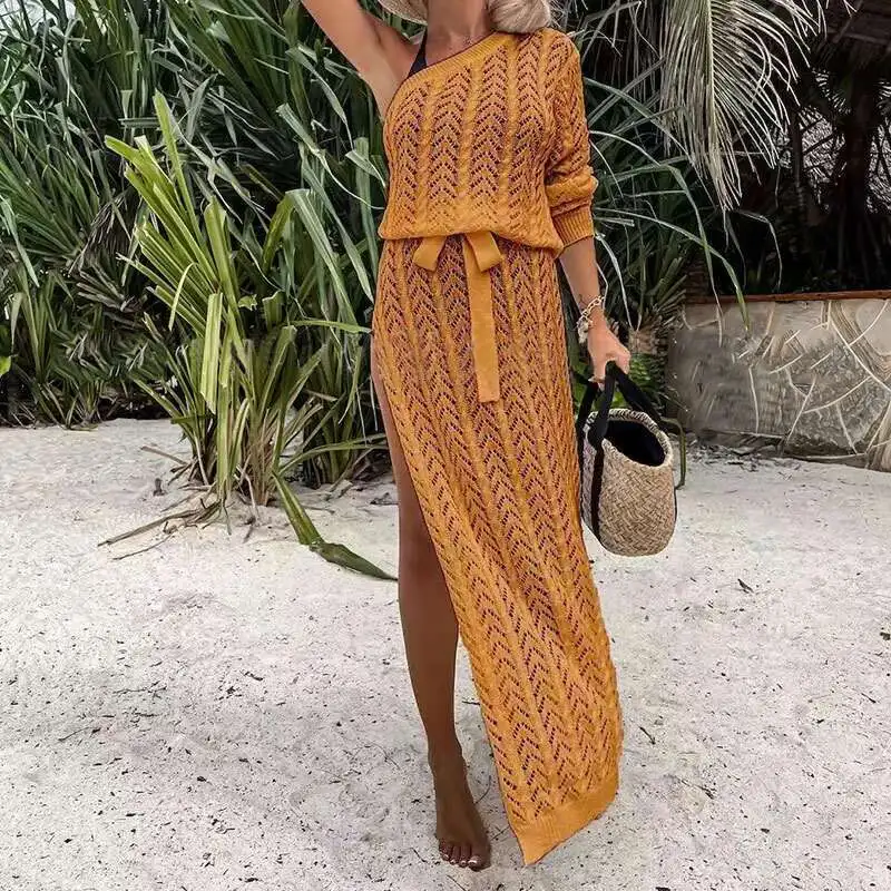 Asymmetric Hollow Knitted Women's Sexy One Shoulder Sleeve Beach Cover Up Dress Holiday High Split Sun Protection Dresses