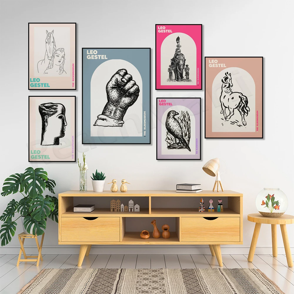 

Leo Gestel line art poster, horse, owl, bird, Buddha statue, clenched fist, Indian elephant sketch, pastel aesthetic decoration