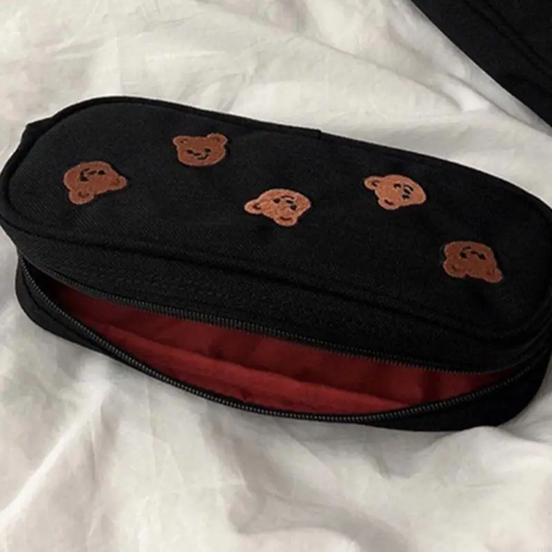 

A9BD Bear Embroidery Canvas Pencil Bag Pen for Case Kids Gift Cosmetic Stationery School Supplies