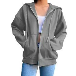 2024 Women New Loose Hoodies Fashion Long Sleeve Zipper Hooded Sweatshirt Hot Sale Casual Autumn Winter Sportwear Solid Clothes