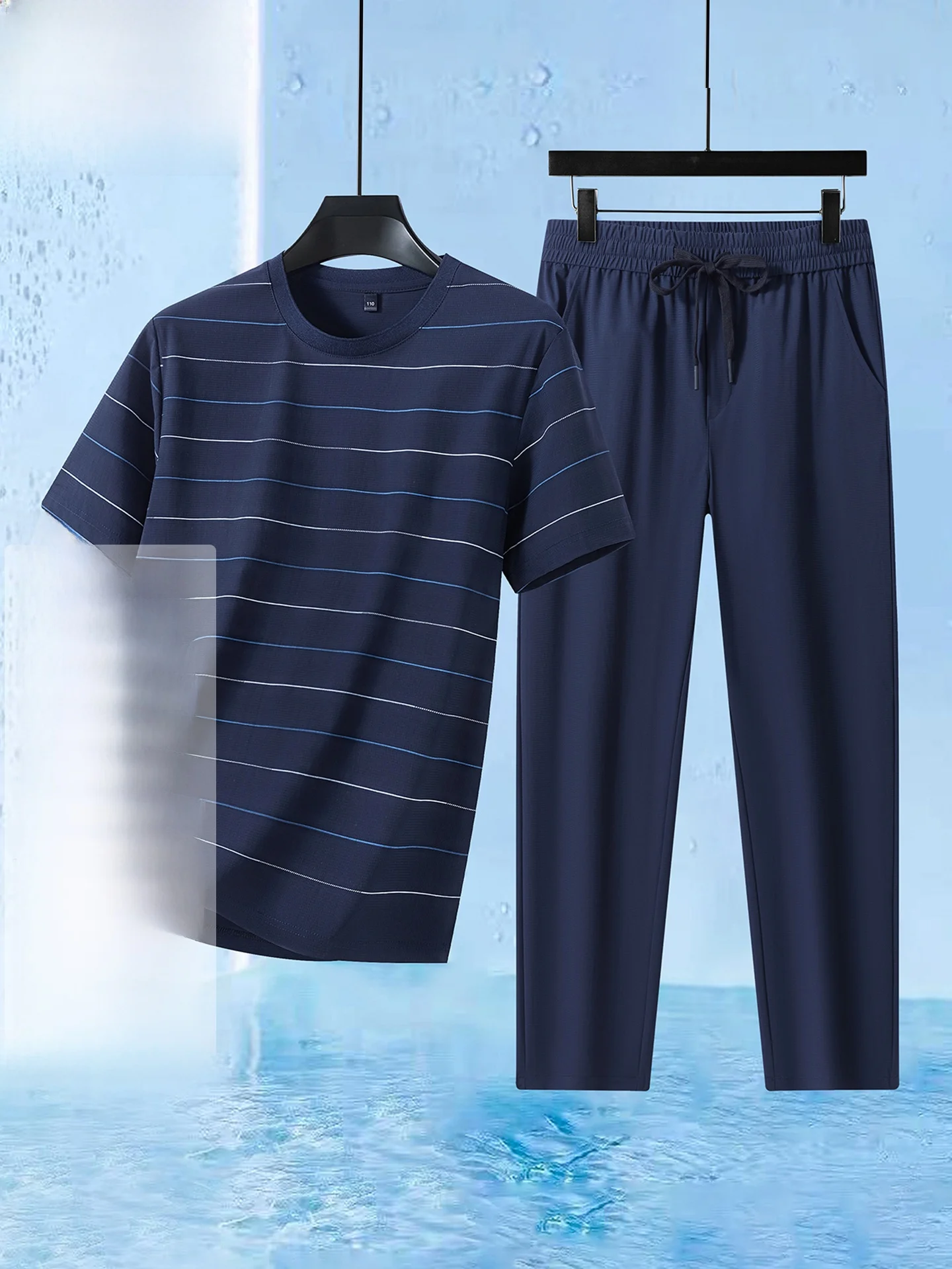 Conjunto de roupa esportiva casual com listras Ice Silk para homens de meia-idade, camiseta de manga curta e calça comprida, conjunto de duas peças pa