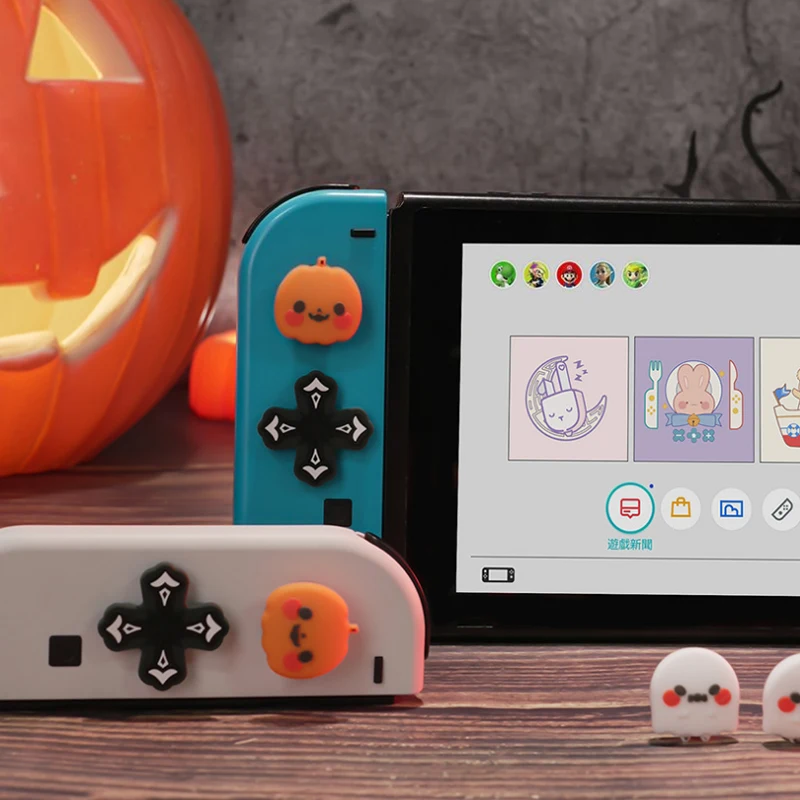 Pumpkin Ghost Silicone Soft D-pad Cross Button ABXY Key Sticker Skin Case For Switch Oled NS Joy-con Thumb Stick Grip Cap Cover