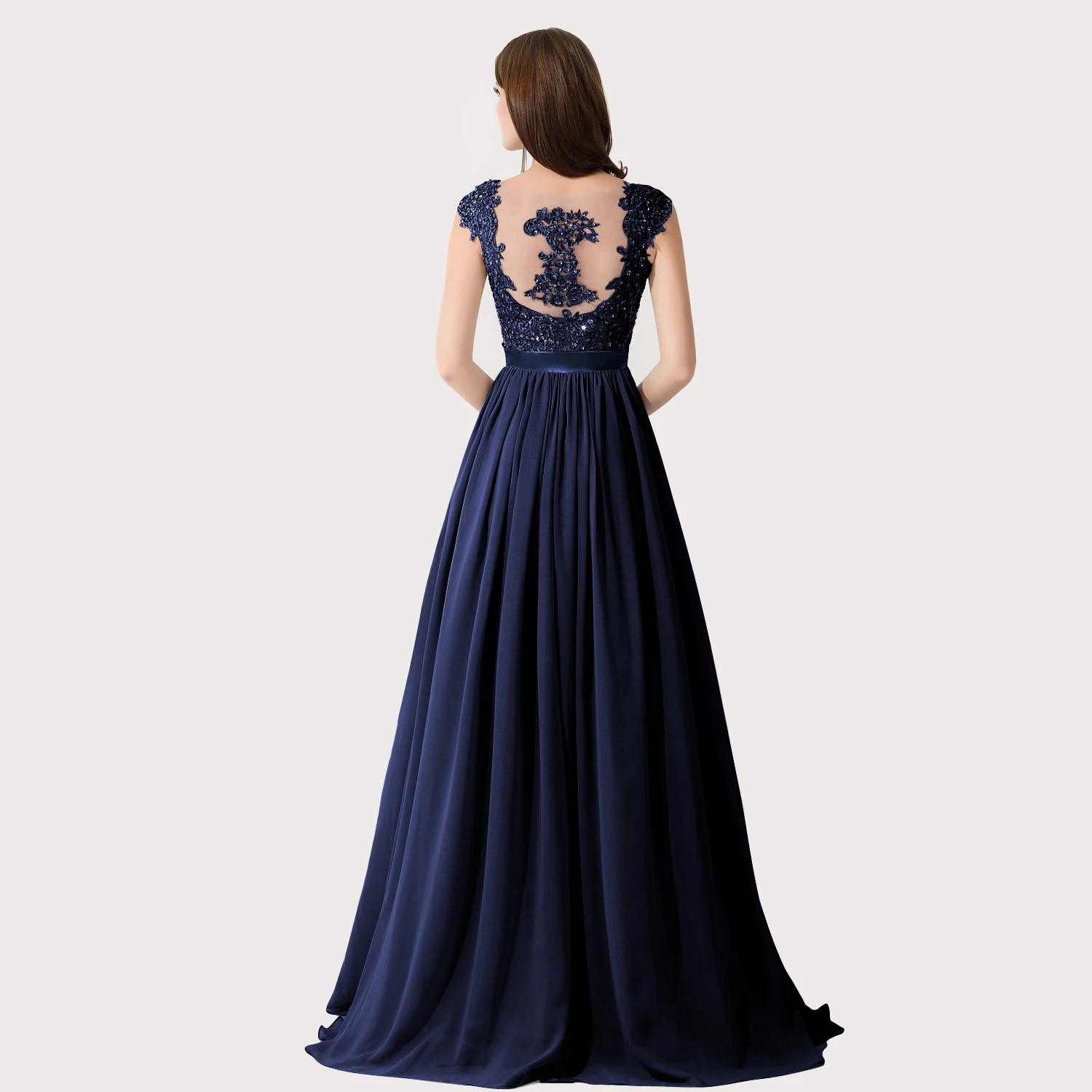 BABYONLINE A Line Navy Blue Bridesmaid Dresses for Women Beads Crystal Chiffon Wedding Party Long Illusion Back Gown sשמלת ערב