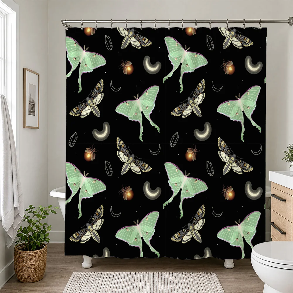 Gothic Insect Butterfly Moth Design Waterproof Shower Curtain Liner Celestial Nature Pattern Black Bathroom Decor