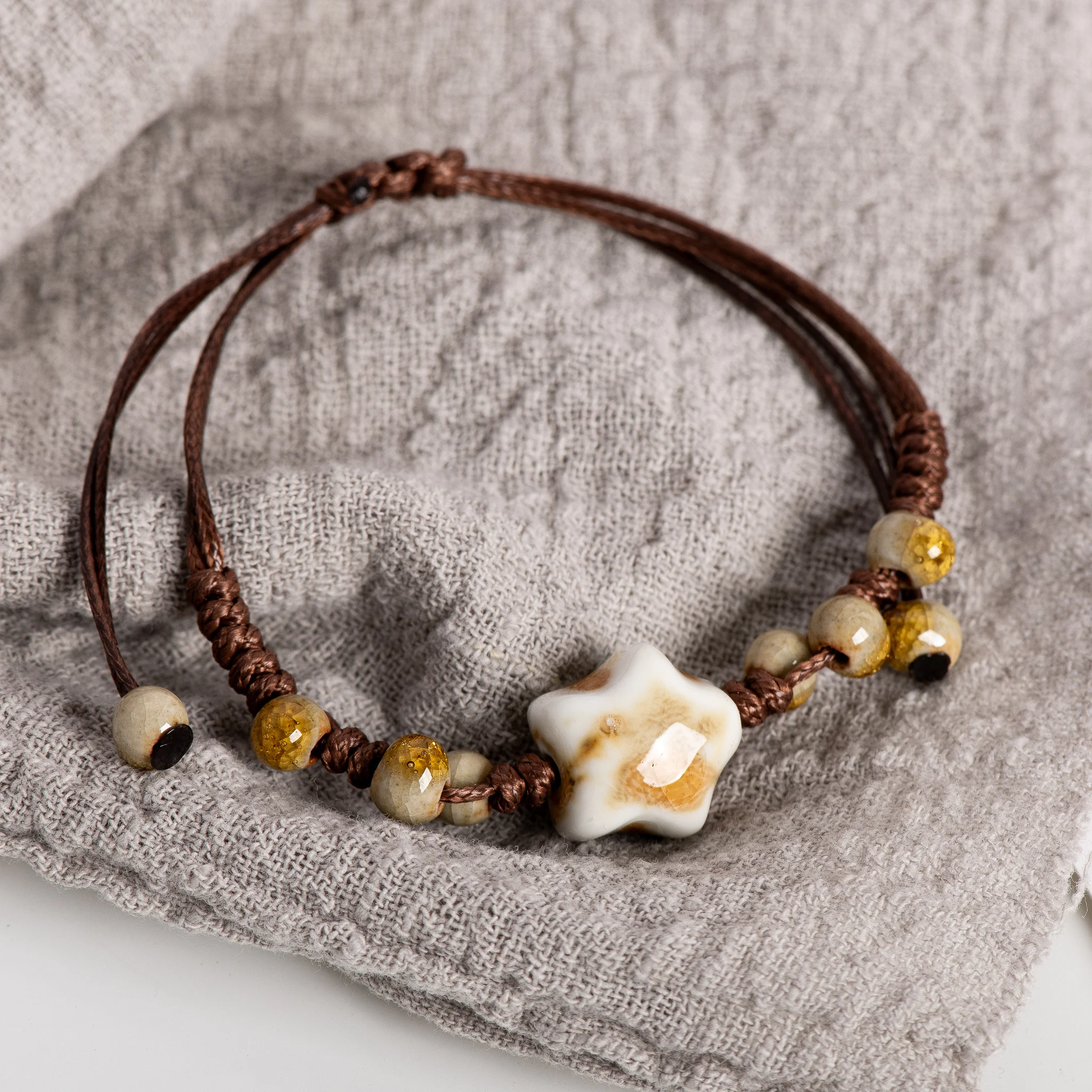 Handmade Vintage Ceramic Star Bracelet Adjustable Crackle Glaze Minimalist Jewelry for Women Gifts 152
