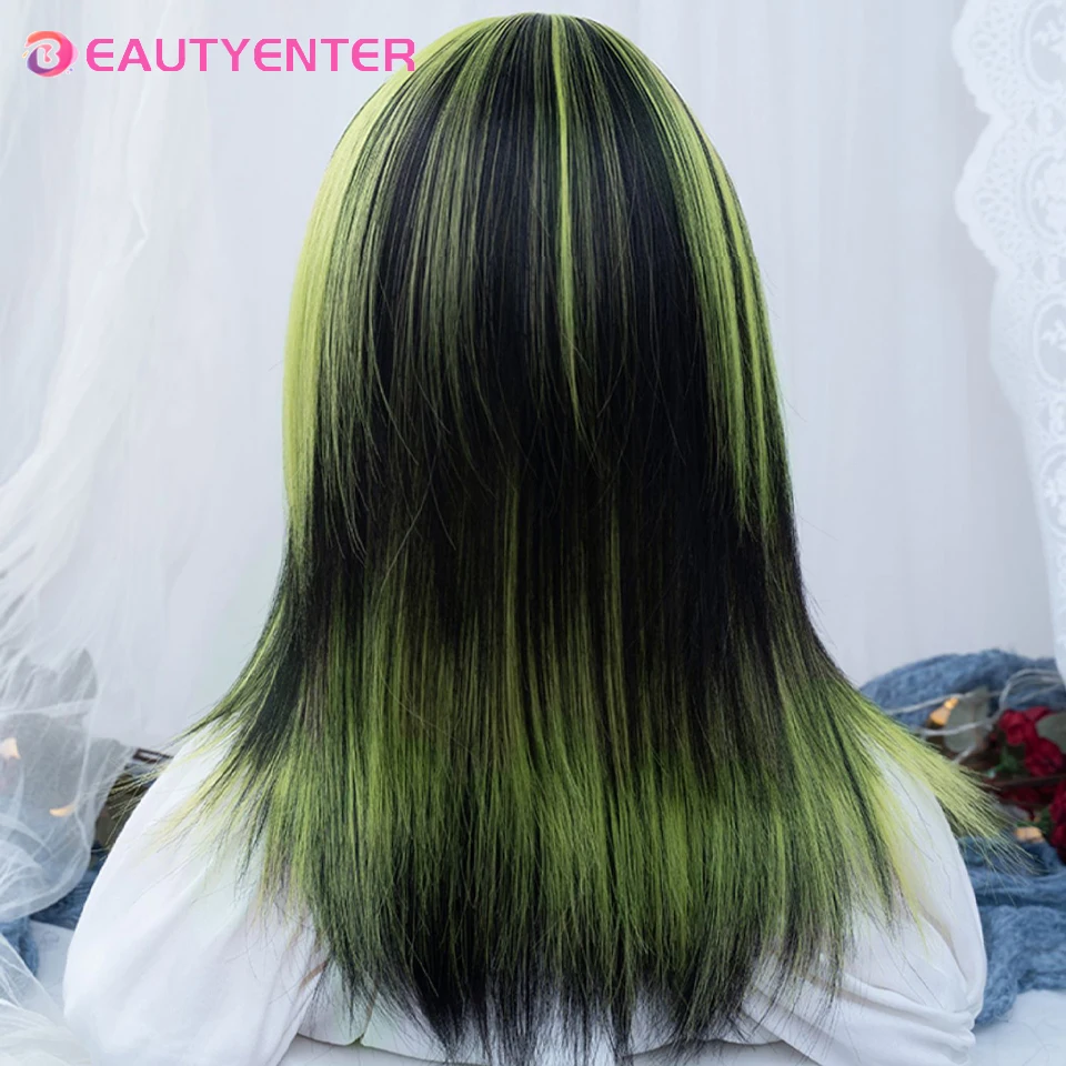 BEAUTYENTER Synthetic Short Black Green Mix Women Straight Wigs with Bangs Lolita Cosplay Natural Hair Wig for Daily Party