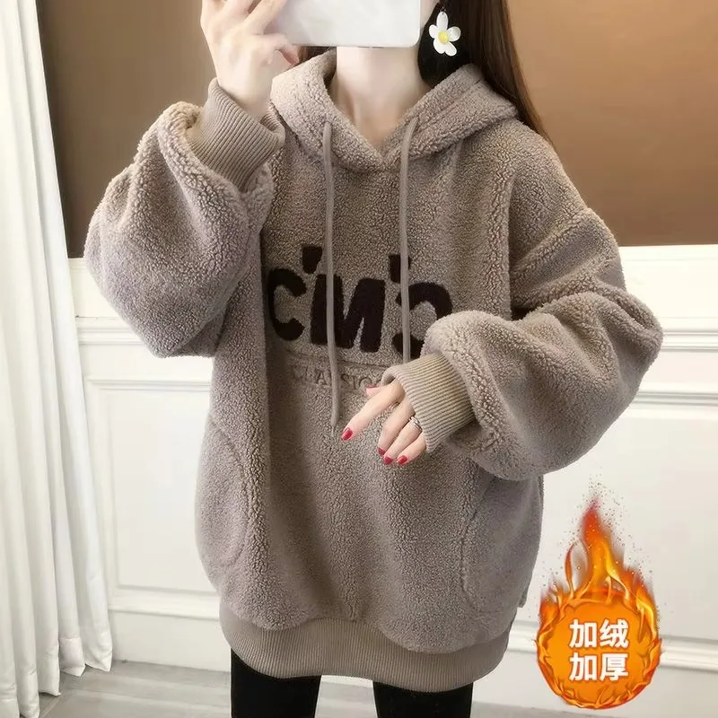 New Fleece Thick Loose Hooded Letter Pullover Sweatshirt Women Autumn Winter Warm Hot Sale Plush Outerwear Tops Long Sleeve