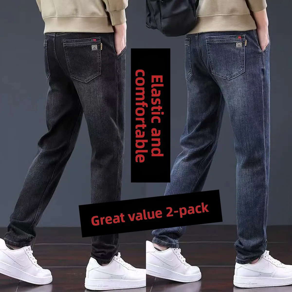 

Men's Slim Straight Jeans Casual Autumn Winter Cotton Stretch Denim mid Waist Zipper Closure Comfortable Wear Resistant