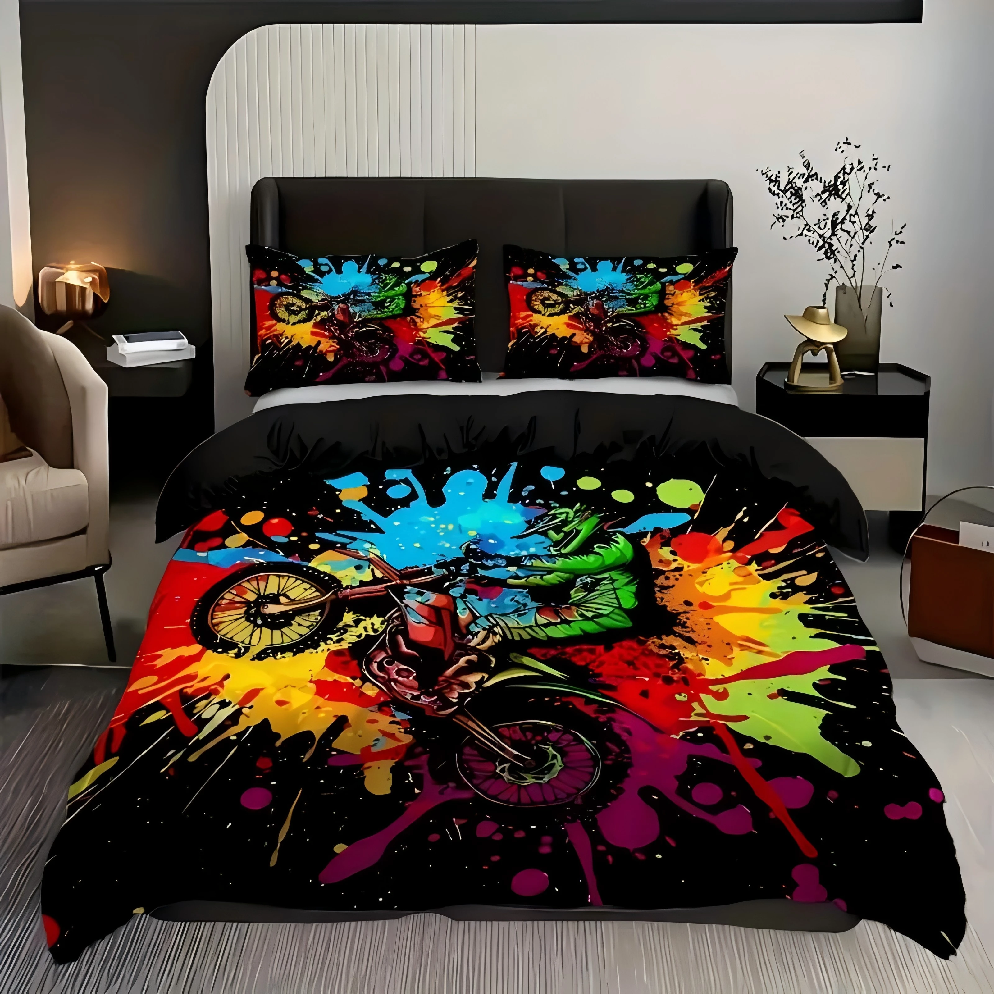 

Extreme Sports Color Tie Dye Dirt Motorcycle 3D Print For Boys Men Bedding Cover Pillowcase Colorful Graffiti Style Duvet Cover