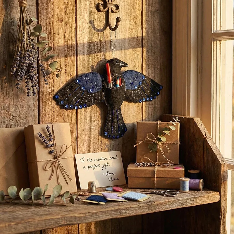 

Luna The Crow Sewing Case For Quilting Embroidery & Craft Lovers Portable Guardian Of Stitches Handmade Felt Sewing Organizer