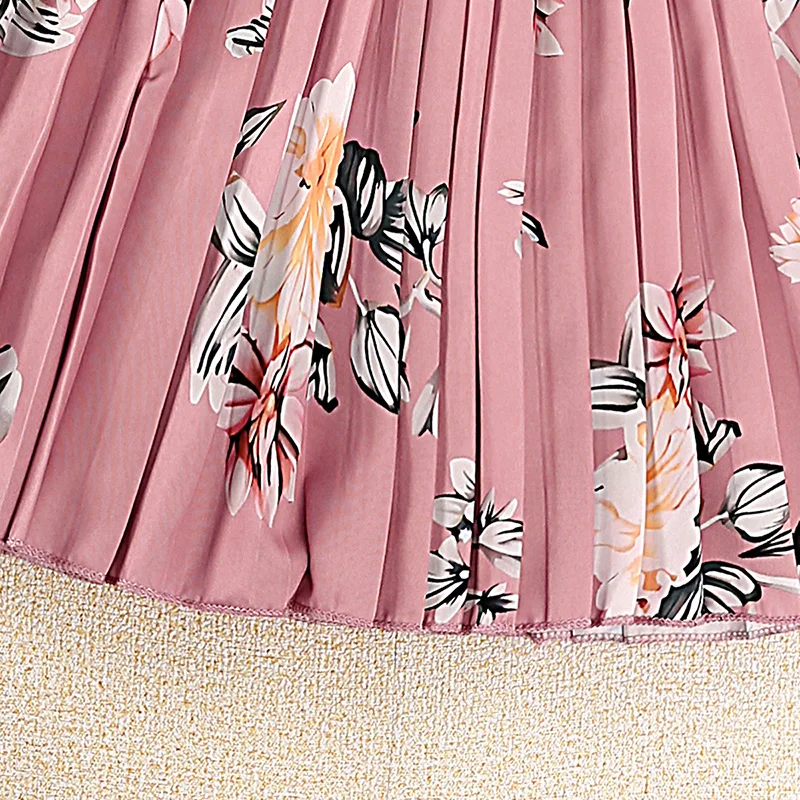 Dress Kids Girls 8-12 Years Pink Printed Long-Sleeved Pleated Dress For Girls Elegant Vacation Holiday Party Dress