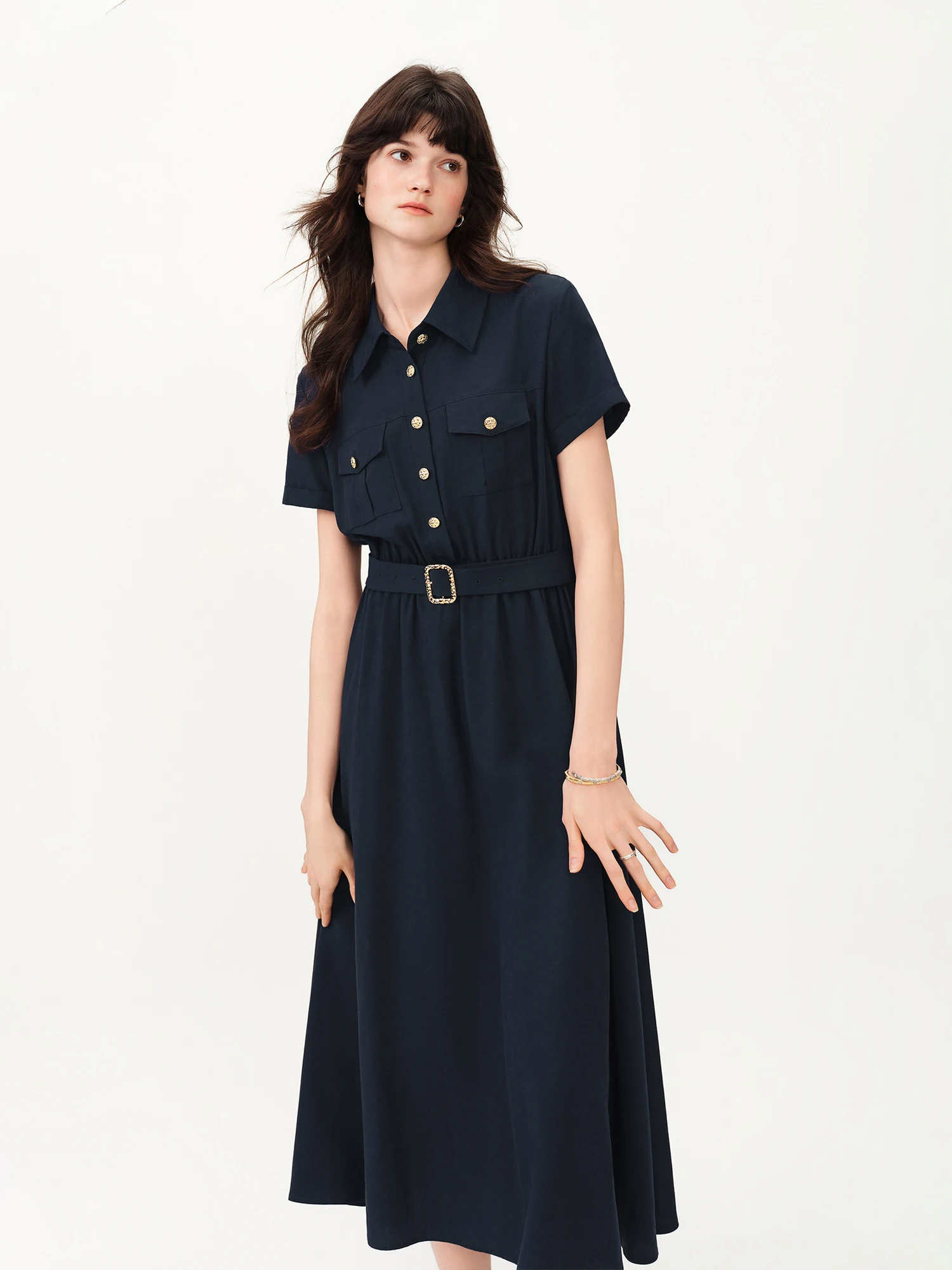 Robe d'été sophistiquée en lin à manches courtes pour femme FSLE 2026 - Coupe trapèze classique mi-l