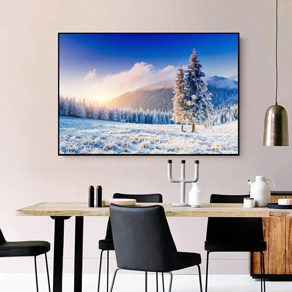 Winter Snow Landscape Pine Forest Mountain Poster Canvas Painting Nature Scenery Wall Art Pictures Home Living Room Decor